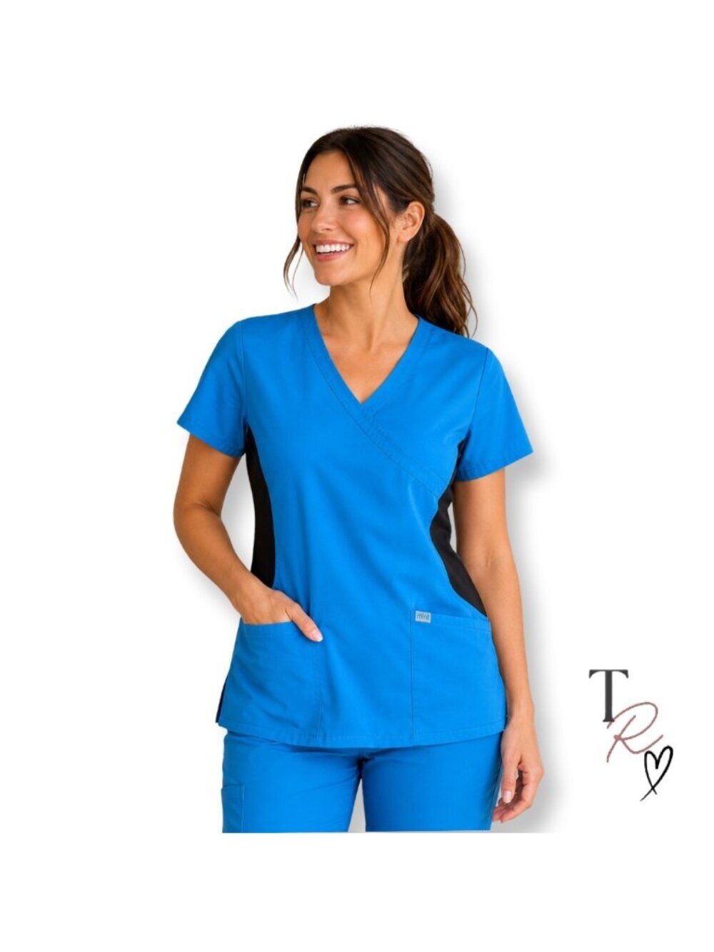 Mint Blue and Black Colorblock Stretchy Scrub Top Women’s Size Large